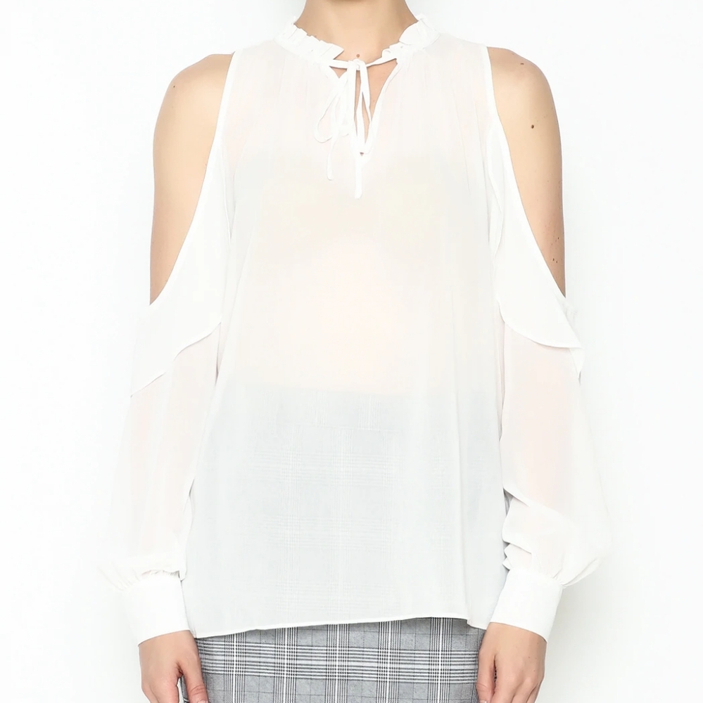 HYFVE White Ruffle Neck Tie Cold Shoulder Blouse Sz M